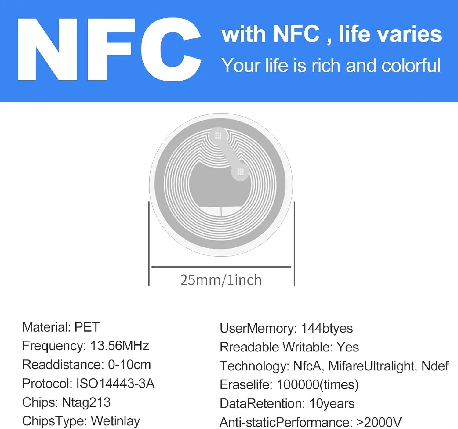 ERIKOLE NTAG213 NFC Tags Sticker 25mm Blank Rewritable NFC Stickers,144 Bytes Memory, Compatible with iPhone Android NFC