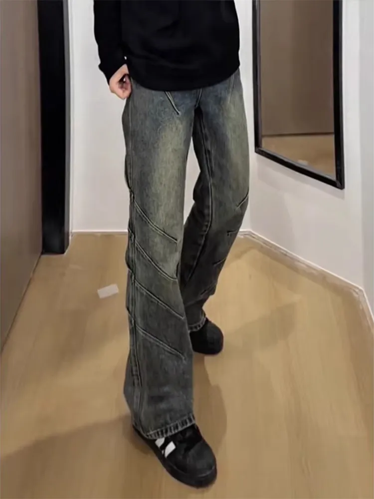 

Retro Blue American Vibe Men's High Street Faded Bell Bottoms Straight Leg Jeans Casual Wear Resistant And Non-Shrinking