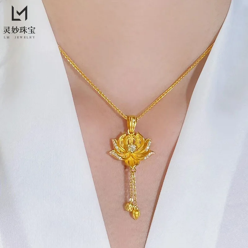 

Золотое ожерелье из настоящего золота 9999 пробы (24K) в стиле Gold Shop, с бриллиантовым кулоном в виде лотоса, подарок на день рождения для девушки, красивое ювелирное украшение