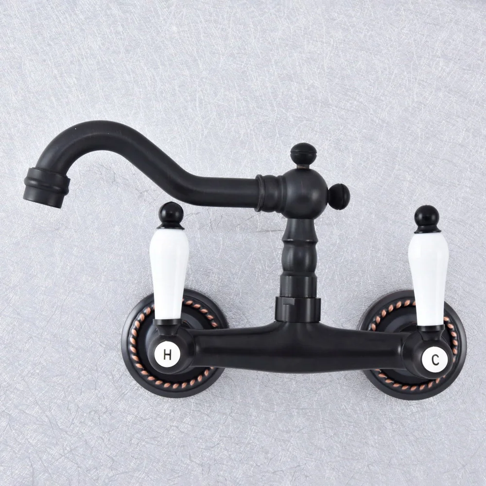 

Black Oil Rubbed Brass Dual Handles Wall Mounted Kitchen Bathroom Swivel Spout Faucet Mixer Tap asf749