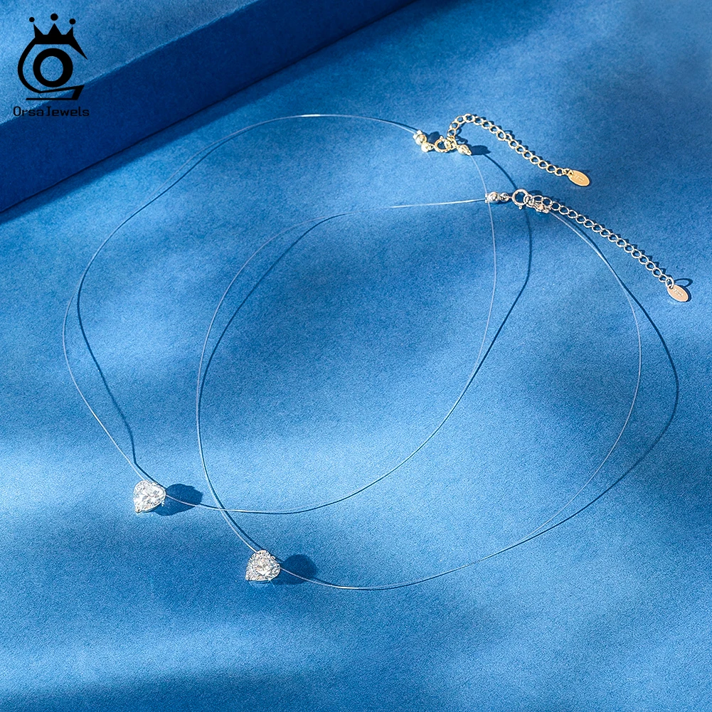 

ORSA JEWELS Sparkling S925 Simple Fishing Line Necklace with 8A Premium Cubic Zirconia for Women Shiny Chain Jewelry LZN32
