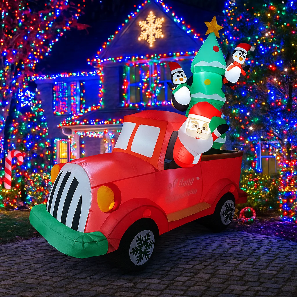 2.1M/6.8FT Inflatable Santa Claus Truck with Penguin Christmas Tree Lights LED Home Decor Toys Yard Xmas Holiday Lighting Decor