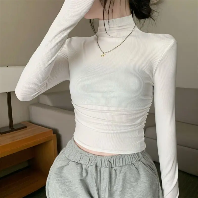 

Half Turtleneck Base Shirt for Women Autumn Winter High End Fashionable Inner Wear Slim Fit Wrinkled Unique Short Long Sleeve