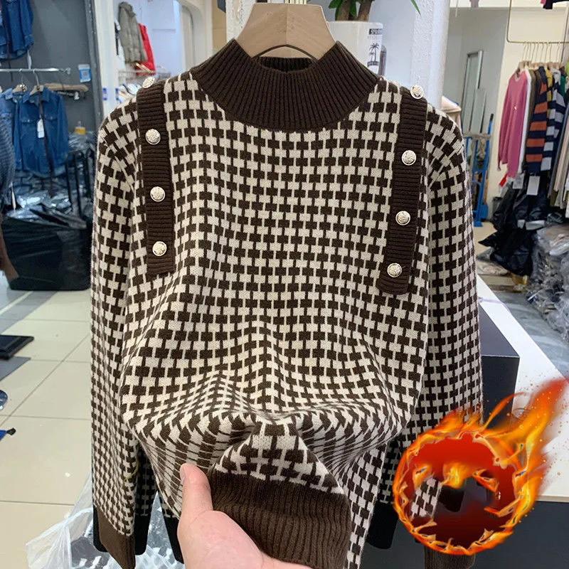 

Half High Collar Plaid One Piece Plush Women Sweater 2023 Autumn Winter New Knit Sweater Fashion Casual Slim Bottom Sweater