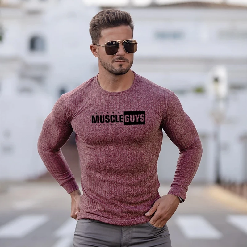 Machinefitness Spring Men's Long Sleeve Sweater Mens Solid Casual Stretch Slim Fit Fitness Clothing Brand Knitted Pullovers Male