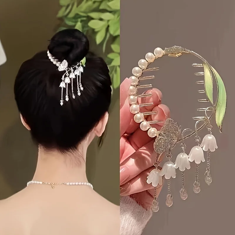 

1PC zinc alloy rhinestone retro lily of the valley hair ornament, elegant imitation pearl tassel bun, ball hair clip, back of th