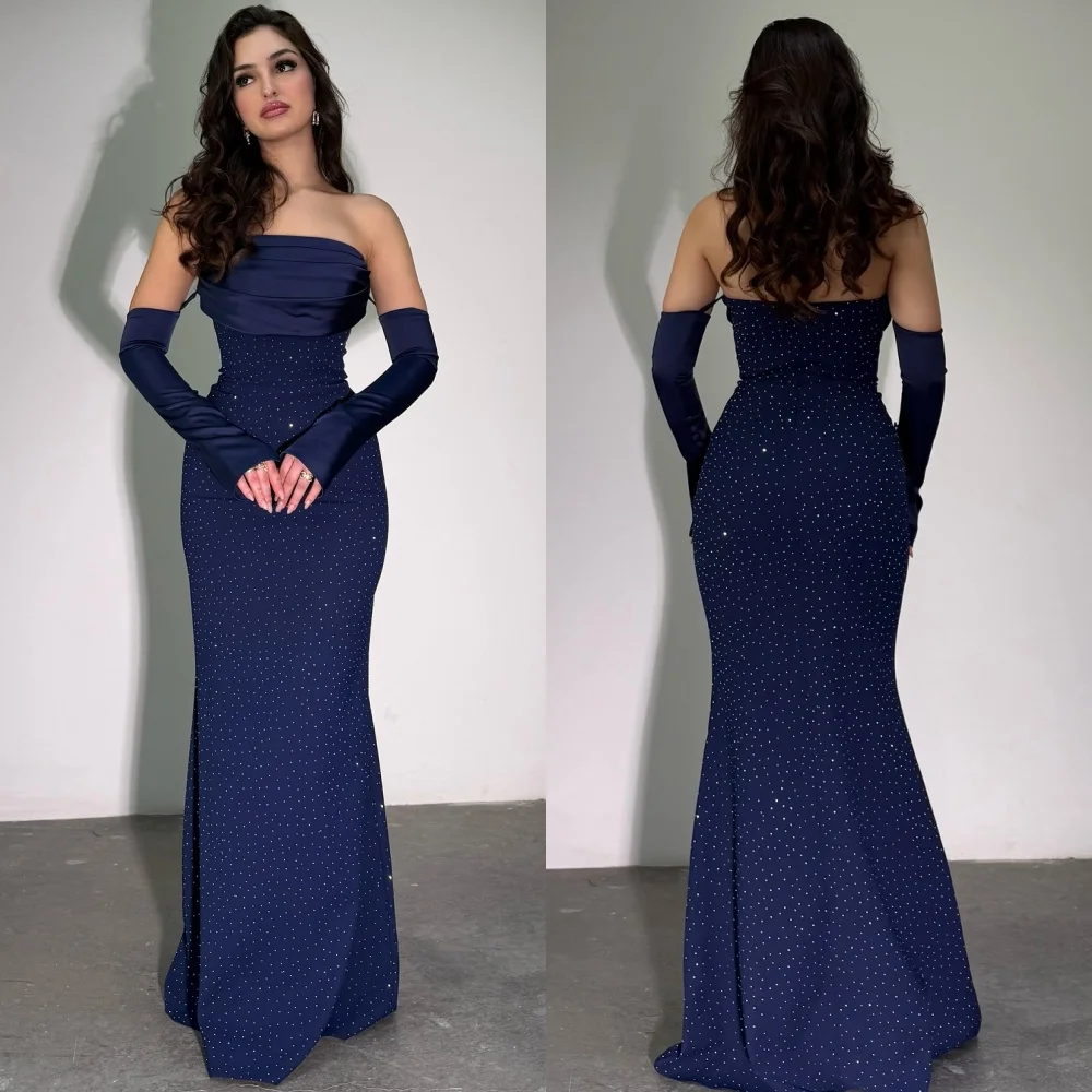 

Customized High Quality Formal Jersey Sequined Pleat Straight Strapless Long Dresses Bespoke Occasion Dresses Sizes Available