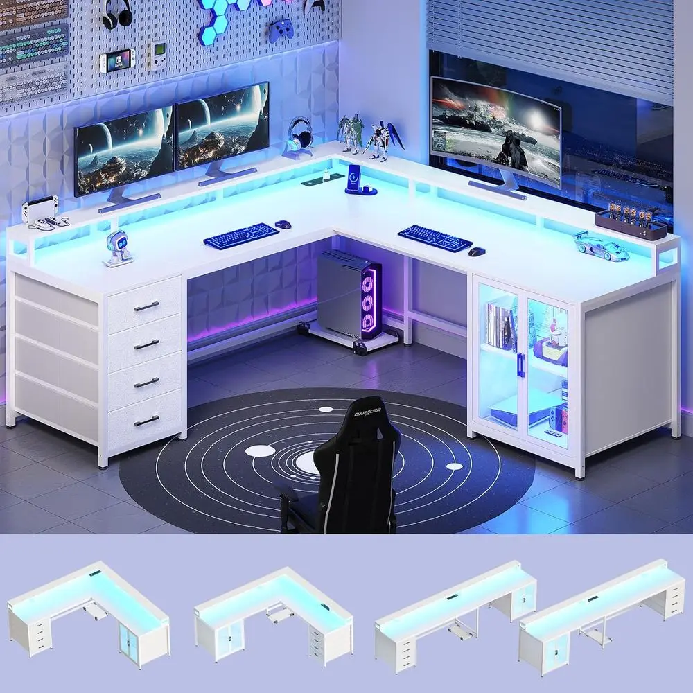 

White 109 L-Shaped Gaming Desk with 4 Drawers, Display Cabinet, 2 Monitor Stands, CPU Stand, LED Lights, and Power Outlet