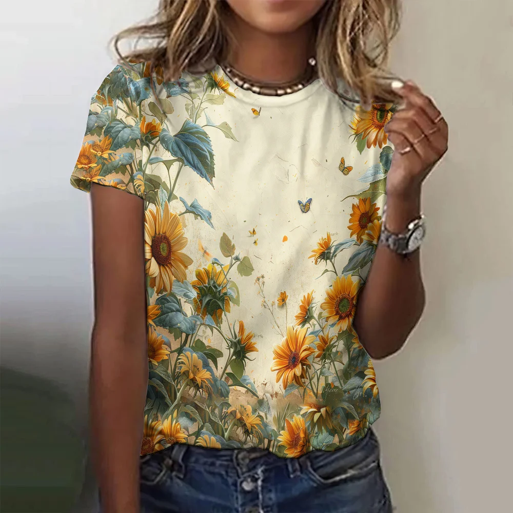 New Sunflower T-Shirts Vintage Floral 3D Print Women's O-Neck Short Sleeves T Shirt Casual Y2k Harajuku Tees Top Female Clothing