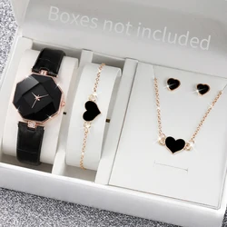 5PCS/Set Women's Watch Fashion Leather Band Analog Quartz Watches Heart Jewelry Set(Without Box)