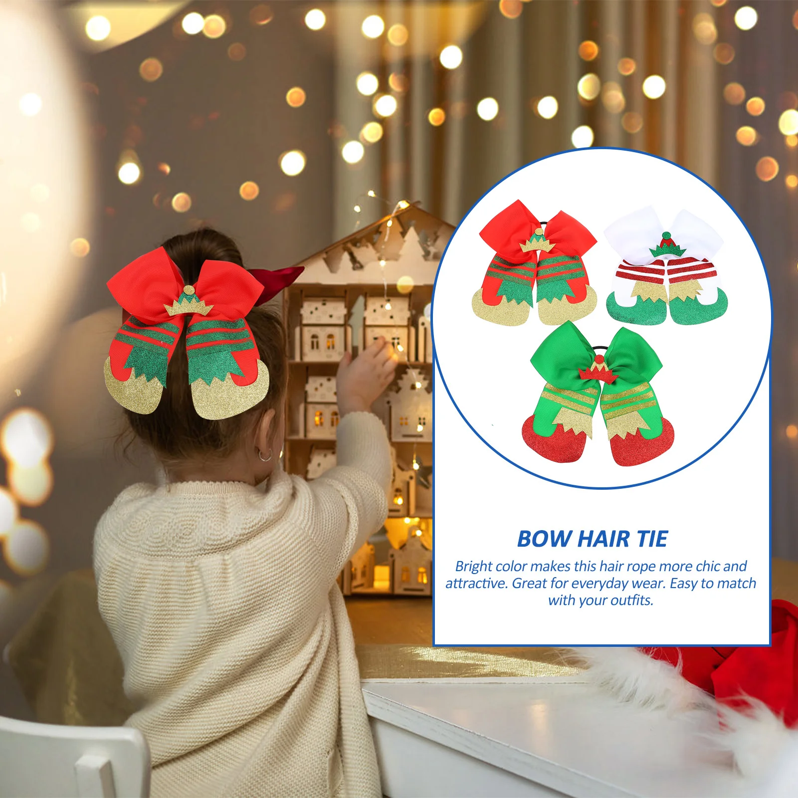 

3Pcs Christmas Hair Ropes Bow Hair Ties Kids Girls Elastic Ponytail Holders Scrunchies Festive Wear Ponytail Holder