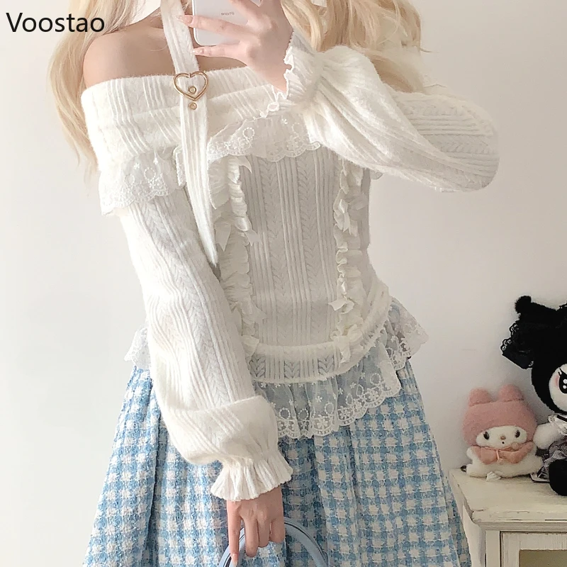 Vintage Sweet Lolita Style Knitted Pullover Girls Cute Slash Neck Bow Lace Ruffles Love Heart Buckle Sweater Women Knitwear Tops