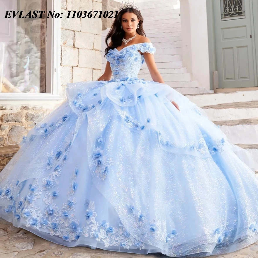 EVLAST Customized Blue Quinceanera Dress Ball Gown 3D Flowers Applique Beading Tiered Corset Sweet 16 Vestidos De 15 Anos SQ234