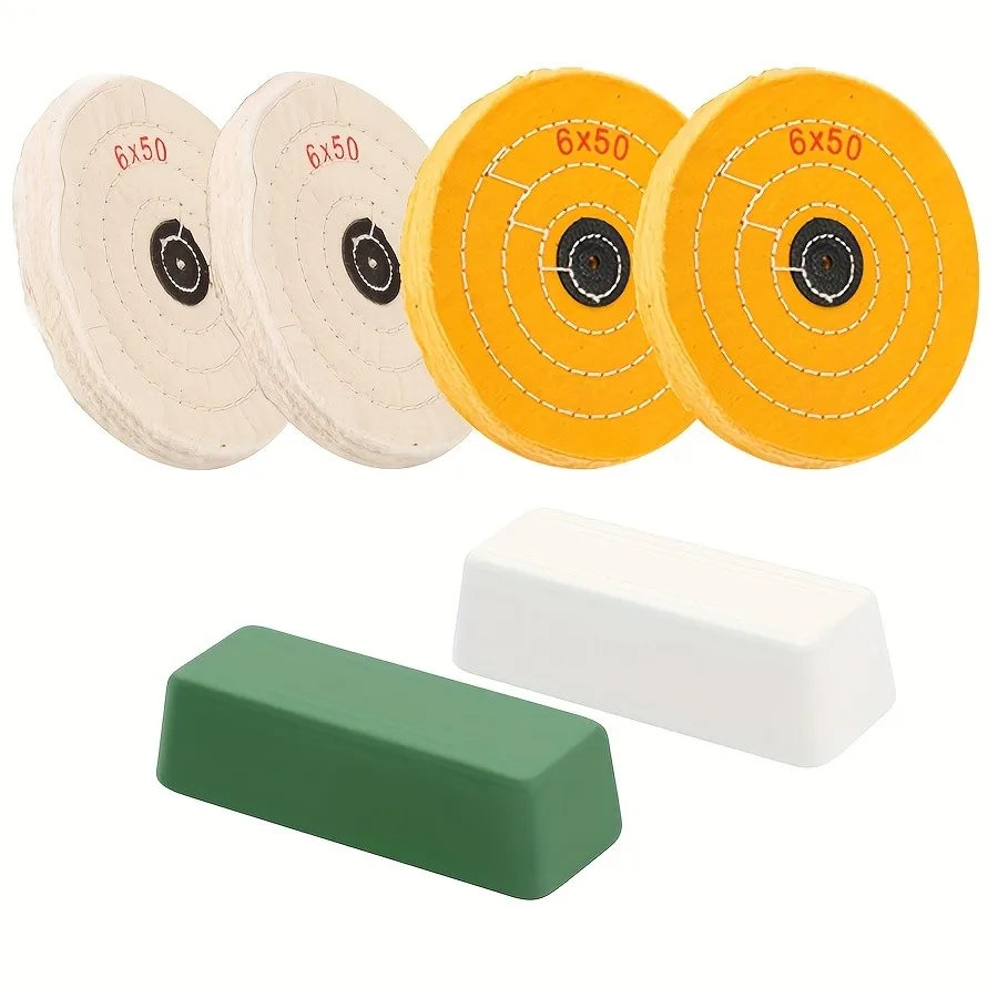 

6Inch Bench Grinder Polishing Wheel Set 2 White Wheels and 2 Yellow Wheel And 2 Polishing Wax Composite for Metal Grinding