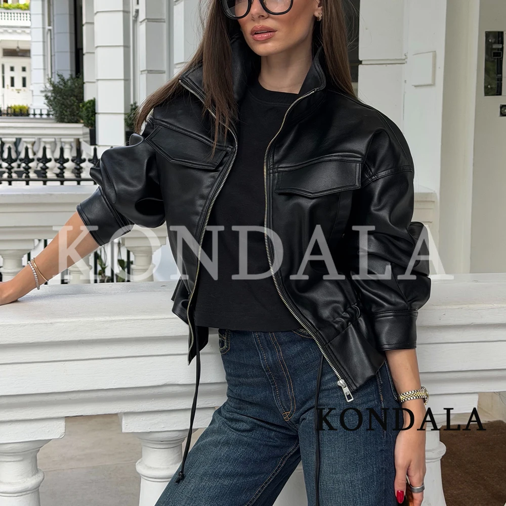 KONDALA Damen Elegante PU-Lederjacke mit Kordelzug in der Taille, Herbst-Pendlerjacke, High-Street-Jacke 2026, Herbst-Trendjacke mit Reißverschluss