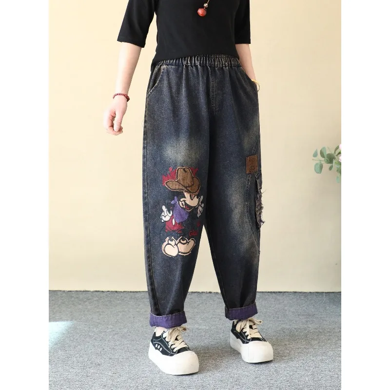 

hosen Women's Vintage Cartoon Mickey Applique Embroidered Jeans, Plus Size Loose Big Pocket Ripped Patchwork Ankle Harem Pants