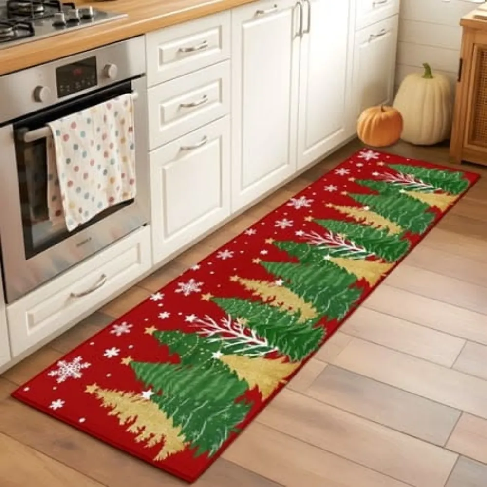 Christmas Runner Rug Golden Retriever Dog Printed Long Kitchen Hallway Mat Non Slip Buffalo Plaid Floor Carpet Decor