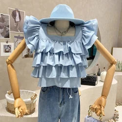 Blouses Blusas Mujer De Moda 2024 Summer Crop Tanks Top Ruffled Doll Shirts Solid Flying Sleeve Chemise Femme Women White