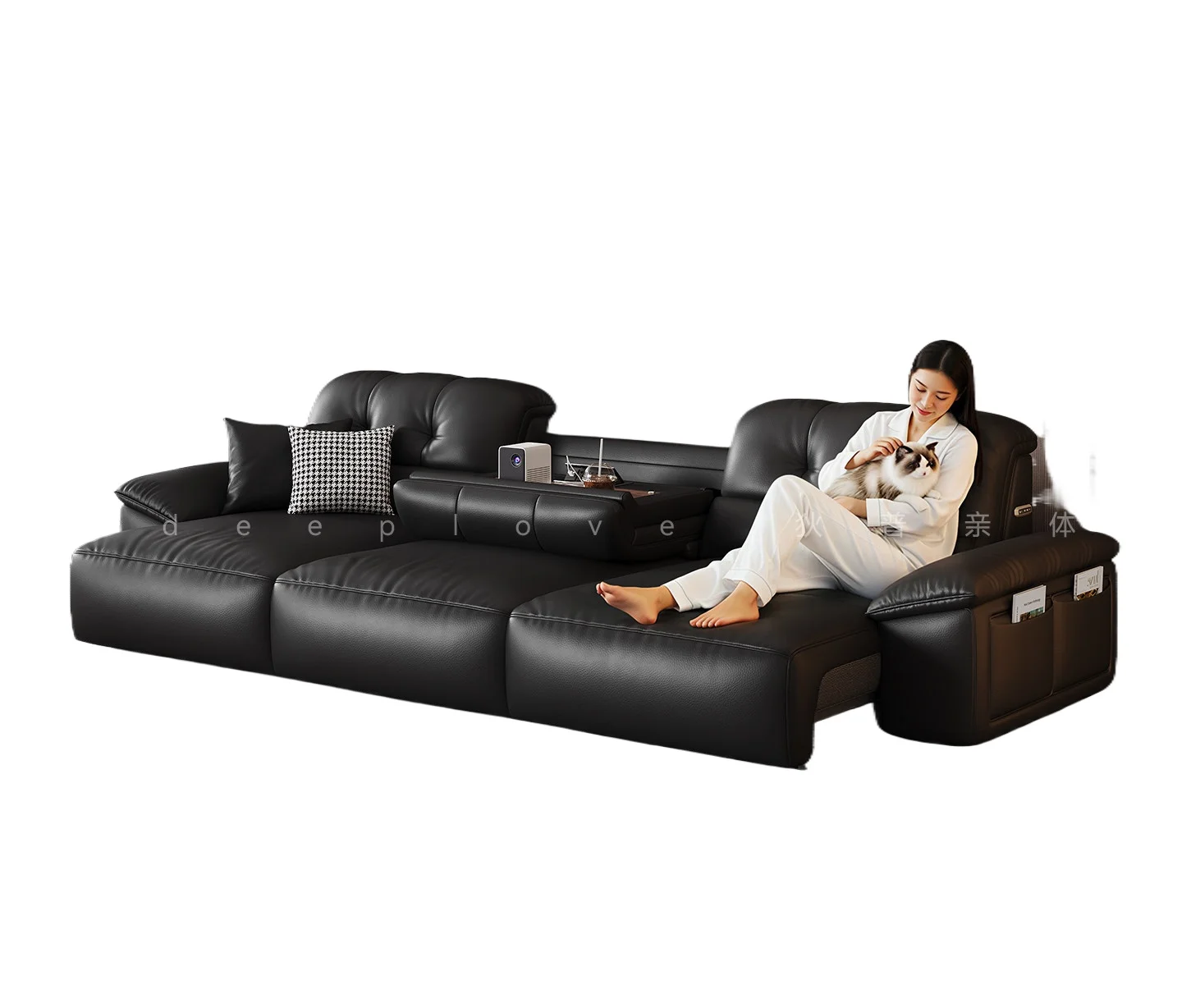 LMM electric adjustment first layer cowhide leather trailer function black leather sofa Italian light luxury