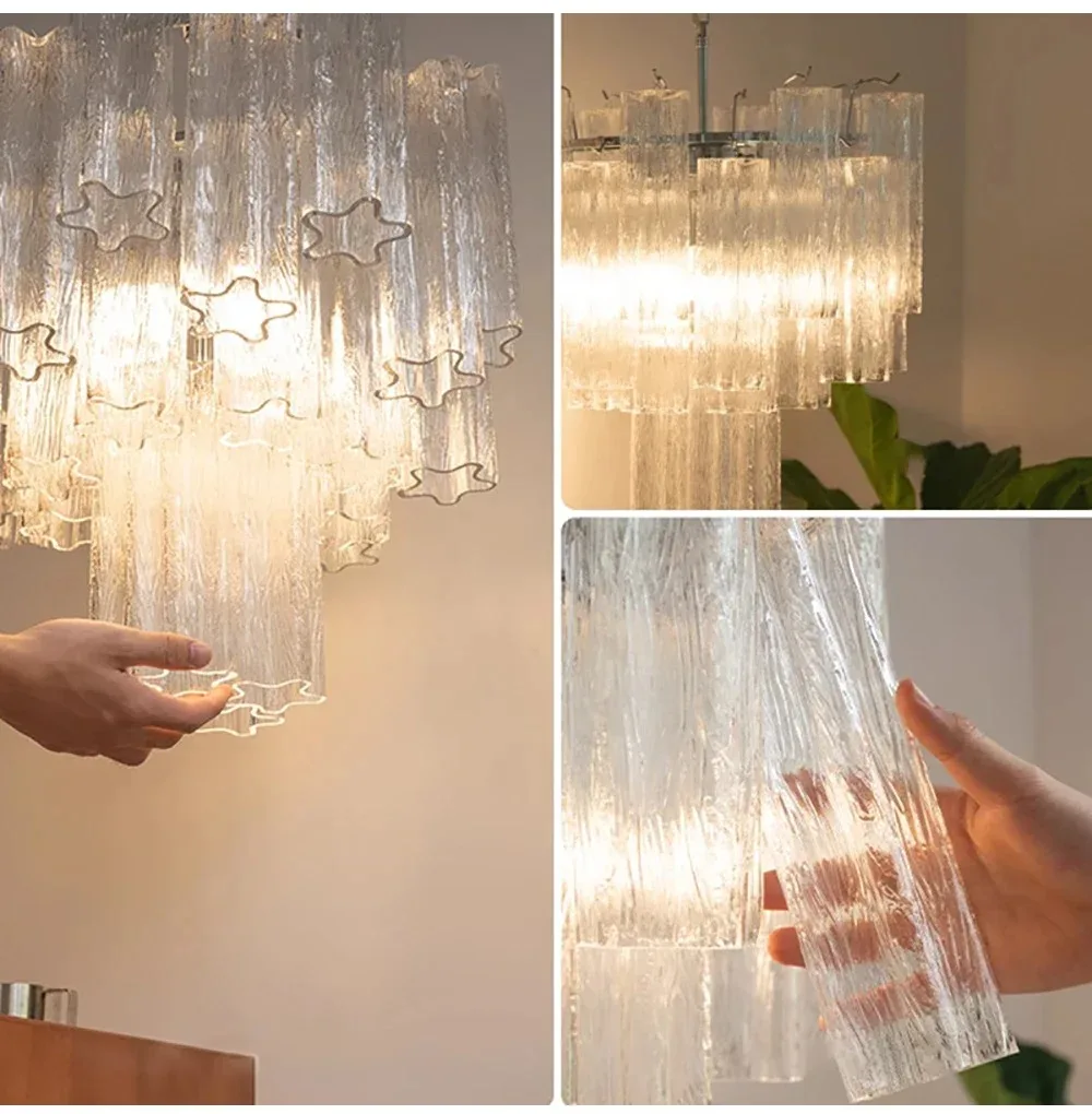 Vintage Italian Designer Texture Glass Ceiling Chandeliers Transparent Pink Home Decoration Hanging Lamps for Living Room Lustre