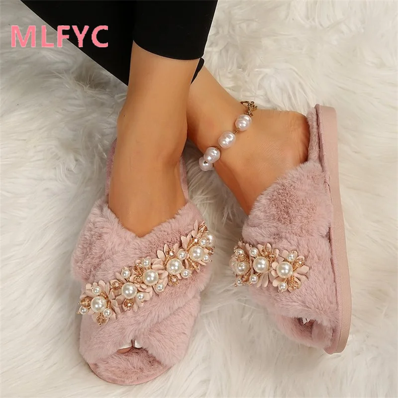 Fish Mouth Flat Bottom Mao Mao Tuo 2023 New Type One Line Pearl Flower Fashion Outwear Slippers for Women