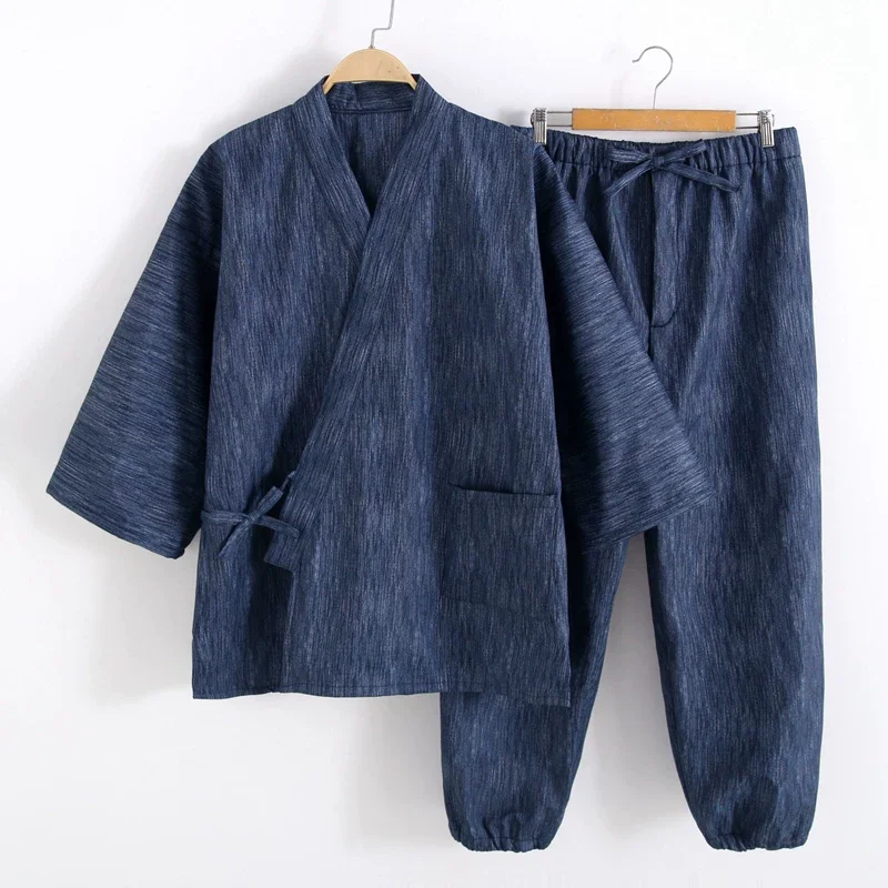 Japanese Samue Winter Warm Set Men Women Thick Fleece-Lined Workwear Robe Solid Cuffed Drawstring Pants Simple Kimono Suit