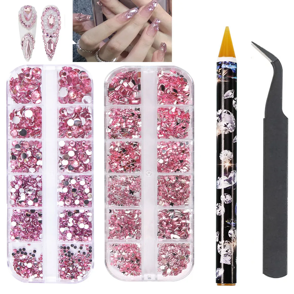 3800 шт. 3D розовые стразы с плоской задней частью, набор драгоценных камней для ногтей 1,5-6 мм, хрустальные стразы AB и разнообразные драгоценные камни для ногтей, ручка для сбора пинцета