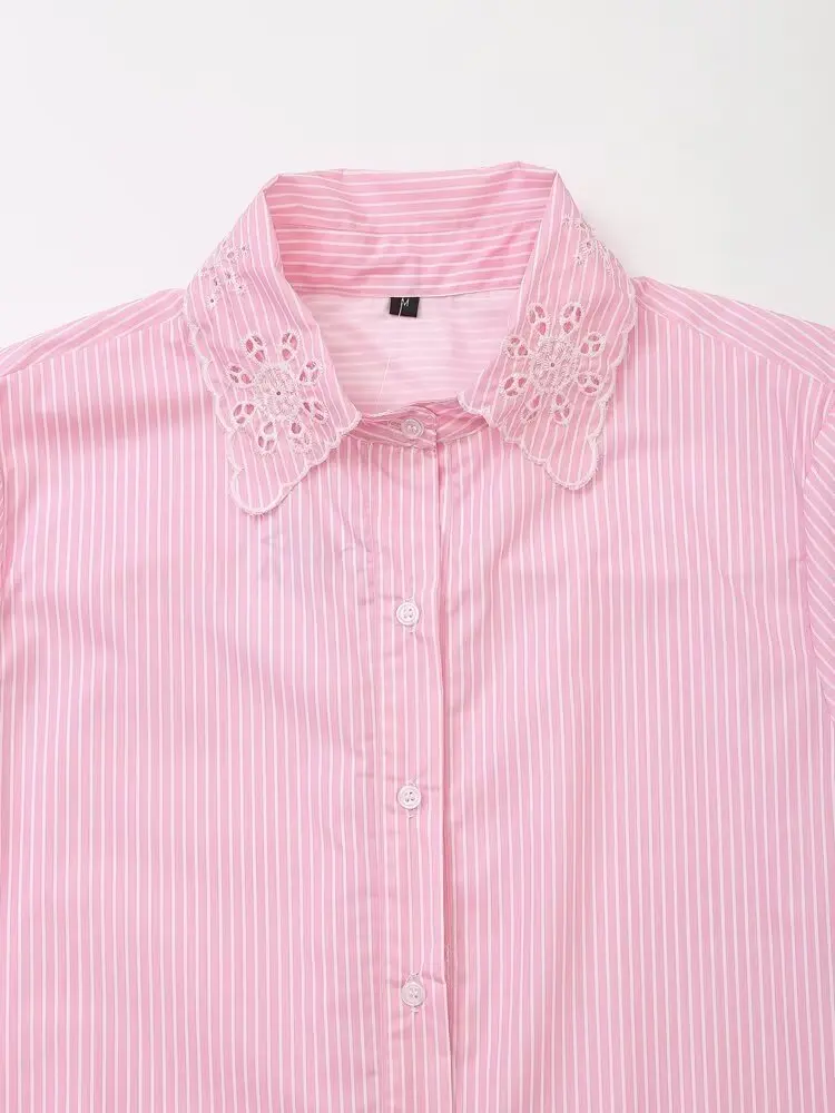 2024 autunno nuove donne vestiti stile europeo e americano Hollow ricamato camicia a righe rosa Street Style Fashion Top