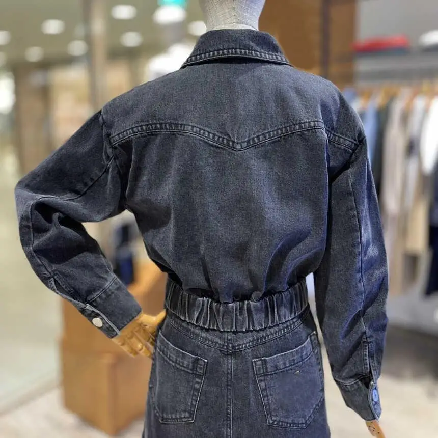 

Blue Women's Denim Jaet Retro Waed Waist-Cinching Large Collar Spring Autumn New Sle Collar Jaet Bla ey