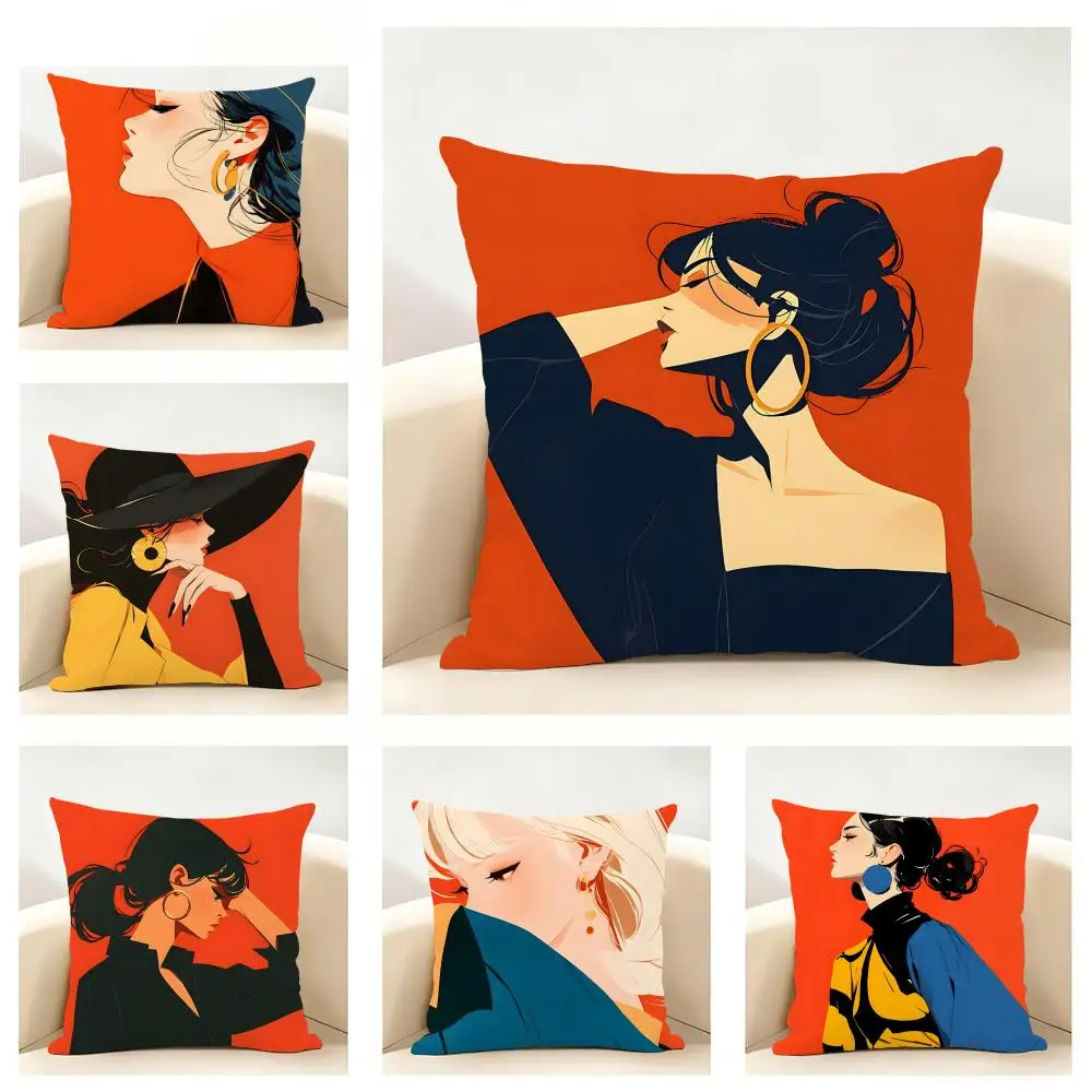 Vibrant Orange series illustration girl Cushion Cover Linen Minimalist Soft  for Sofa Bed Home Room Decor