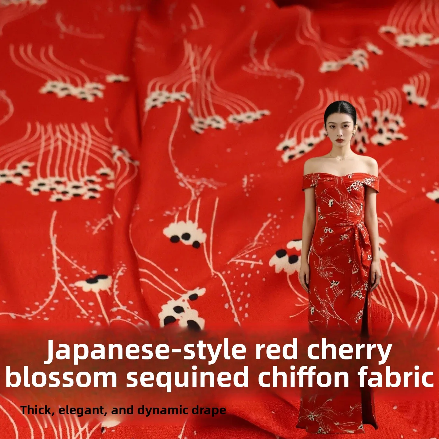 

Red Cotton Pearl Gloss Thickened Double Gauze Sakura Print Chiffon Dress Fabric Modern Style Summer Clothing Material Handmade