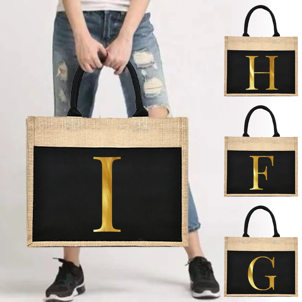 Linen Shoulder Sacks Jute Handbag Jute Imitation Sacks Linen Bags Women Shopping Tote Laminated Bags Designer Tote Golden Letter