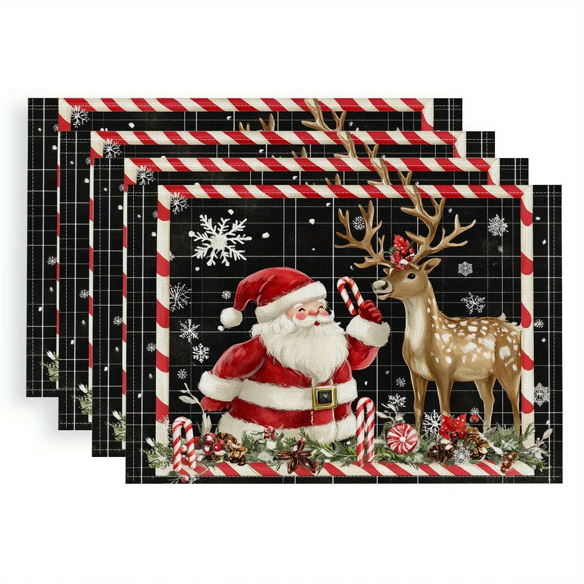 4pcs Vintage Christmas Red White Striped Placemats Polyester, Hand Wash Only 18x12 Inches, Festive Reindeer Design