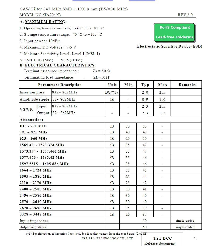 (10PCS) TA2042B 새로운 오리지널 847MHz 패키지 SMD SAW 필터 재고 있음