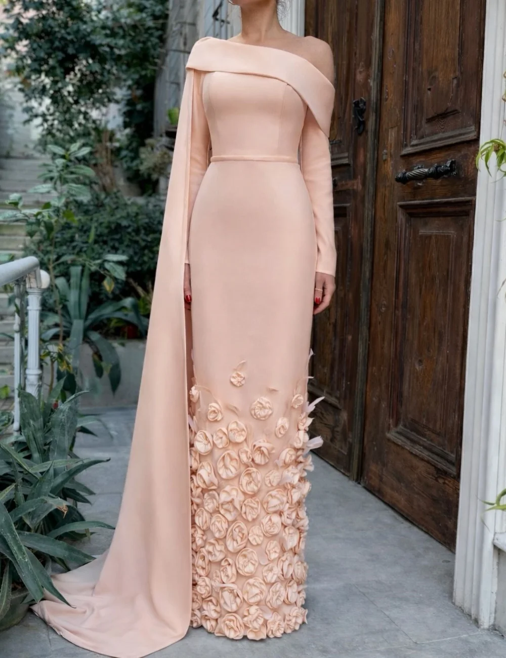 

Customized Fashion Jersey Handmade Flower Straight Off-the-shoulder Long Evening Dresses Luxury 2025 Simple