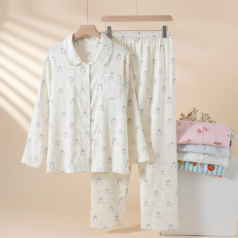 

Комплект женской пижамы из хлопковой пряжи класса А: тонкий, дышащий, с длинным рукавом, из 100% хлопка, с мультяшным принтом, в студенческом стиле, для дома и отдыха, весна-лето