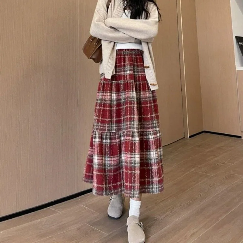 

Xpqbb Women's Vintage Plaid Skirt 2024 Autumn Winter Thicken Woolen A-Line Skirts Female Harajuku Patchwork Student Long Skirts
