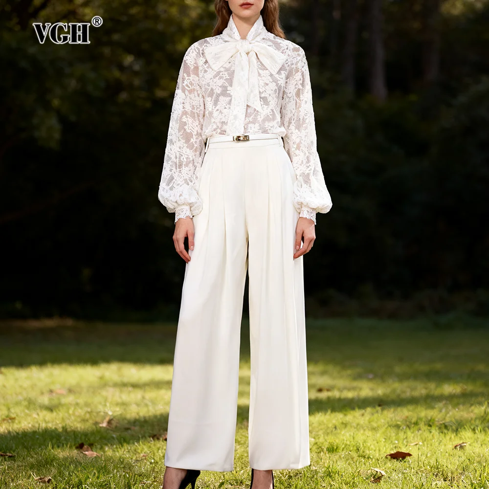 VGH Casual Solid Slimming Two Piece Sets For Women Round Neck Long Sleeve Lace Top High Waist Pants Elegant Set Female Fashion