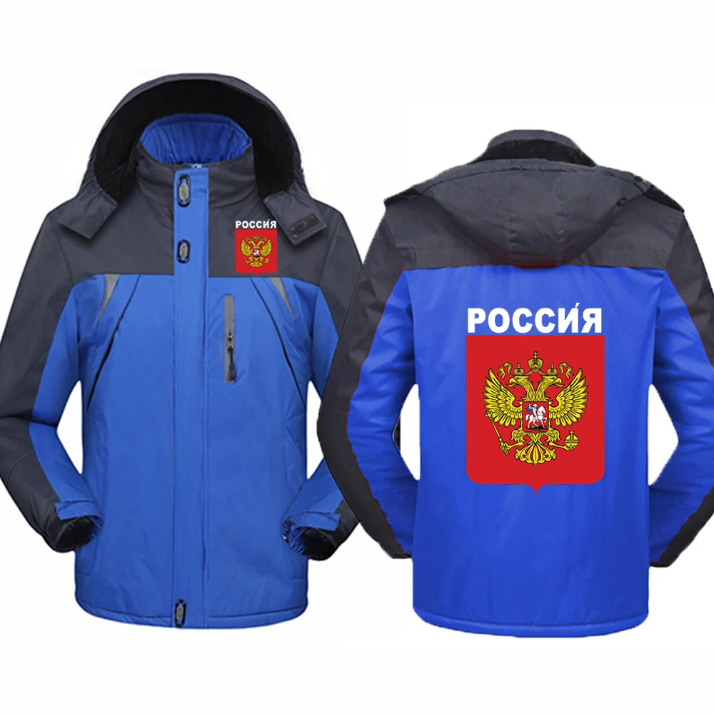 

2025 Autumn Winter Russia Badge Man's Russian Flag Print Detachable Hat Design Fashion Cold Prevention Windbreaker Jacket Coats