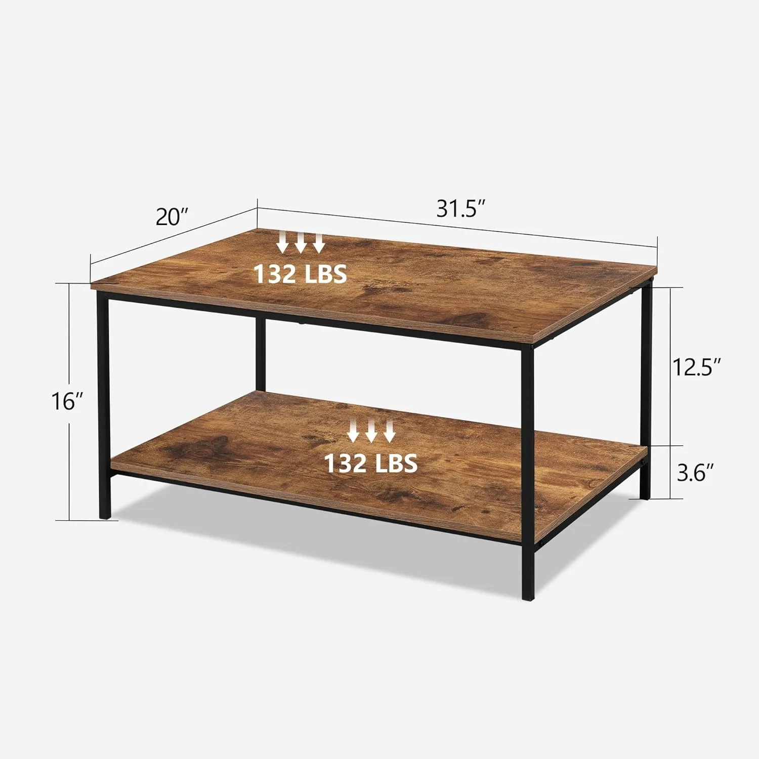 Small  Rectangle Wood and Metal Coffee Table with Storage Shelf for Small Living Rooms