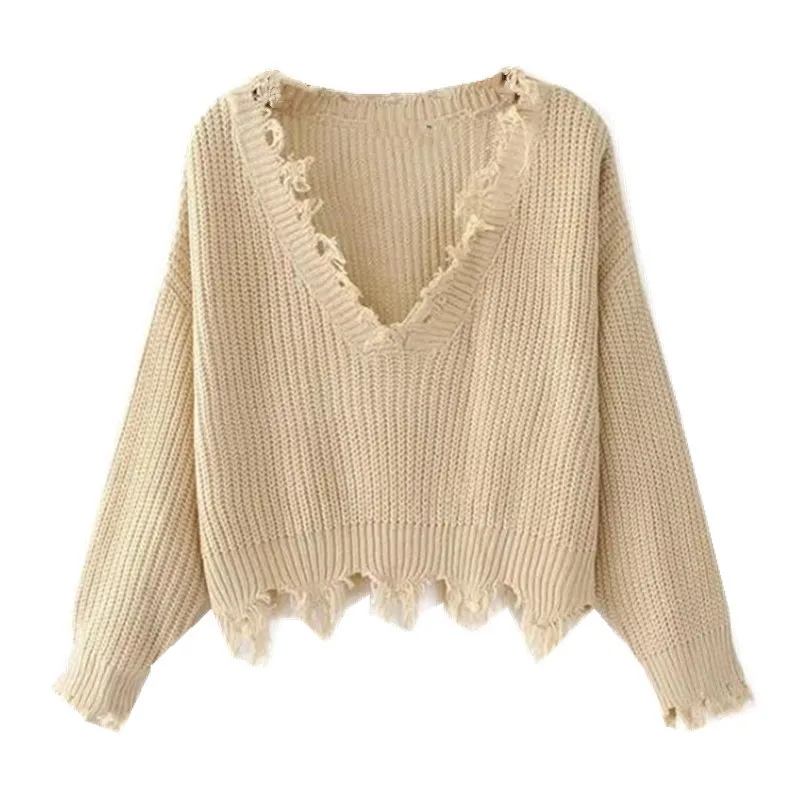 Y2K Tassel Hem Irregular Sweater Woman oversized Fringed V neck Loose Knitted Pullover Knitwear White Black Khaki