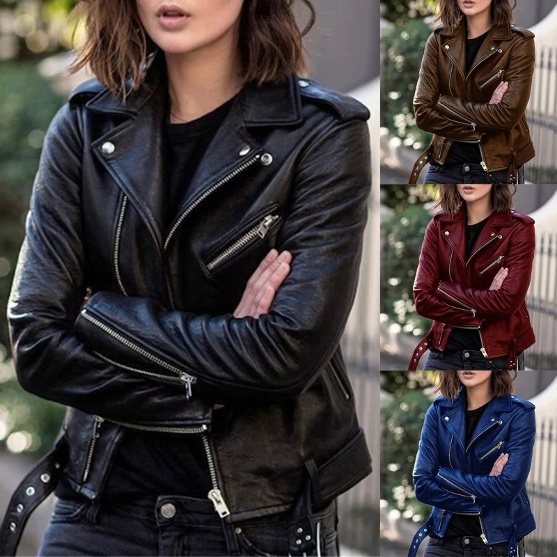 

Solid Fall Women Bike Coat Faux Leather Outwear Zipper Outfit Spring Autumn Wome Fashion Short Thin Female Jacket Coat