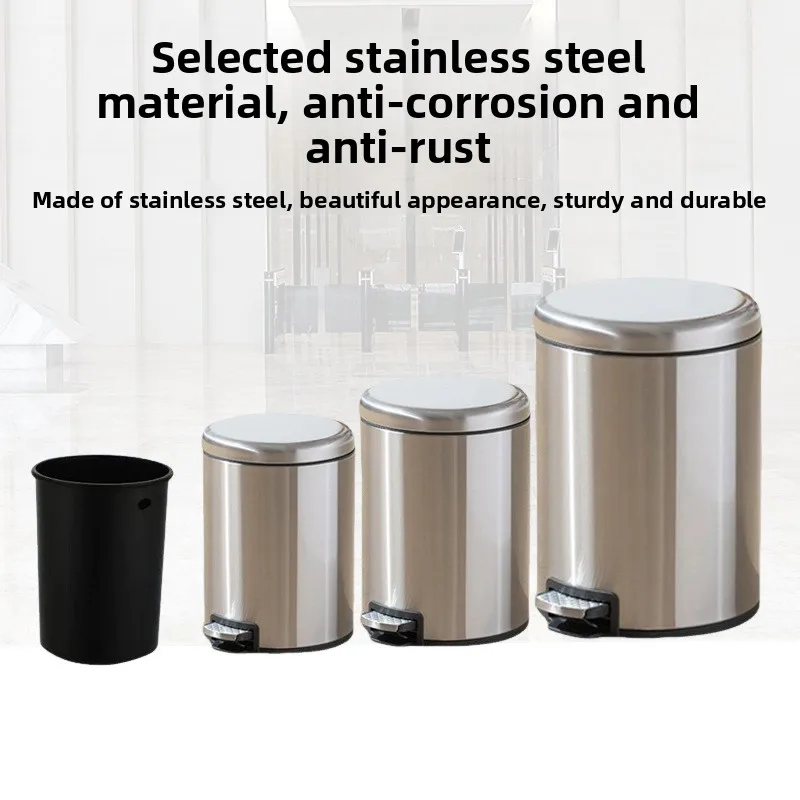 Stainless steel flip trash can with lid Foot-pedal trash can Round slow-down silent large-capacity hotel trash can