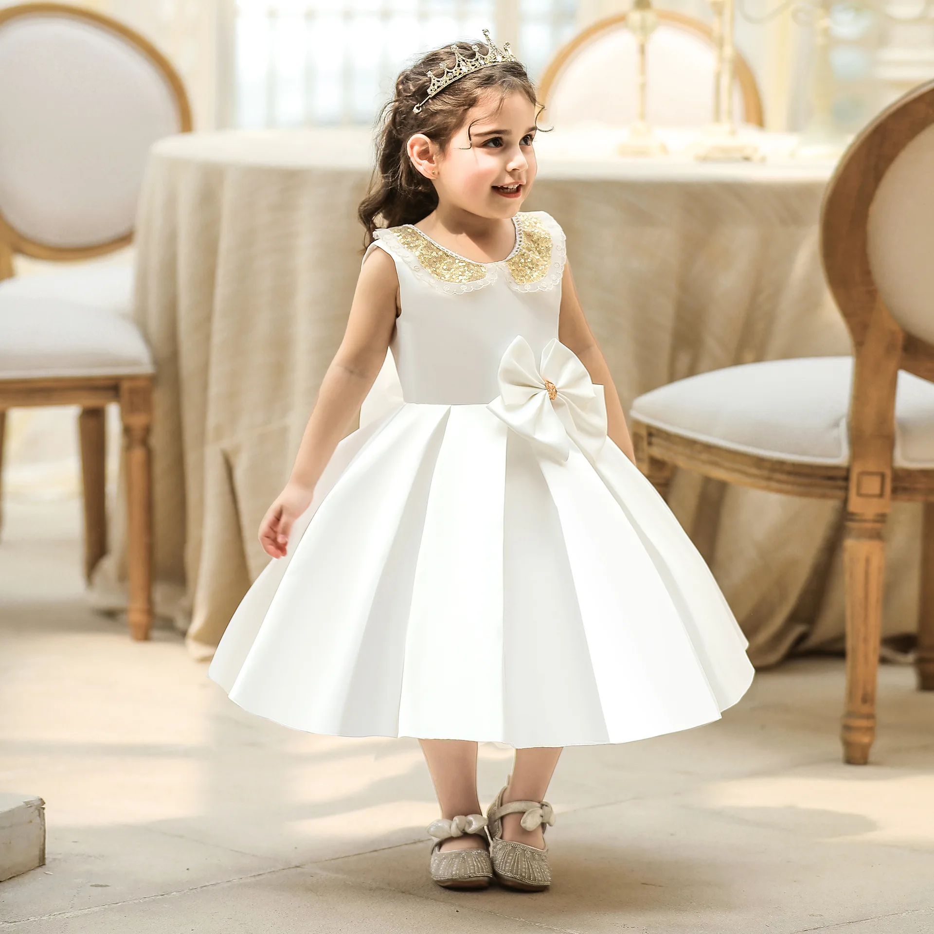 

New Party Dress Baby Girl Wedding Princess Gown Toddler Bow White Pleated Dresses Summer Formal Evening Wear Clothing