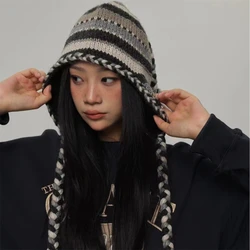 Geometric Stripes Winter Thickened Warm Hat Large Long Braid Tassel Ear Protection Hats Women's Nepalese Lined Thick Knitted Cap