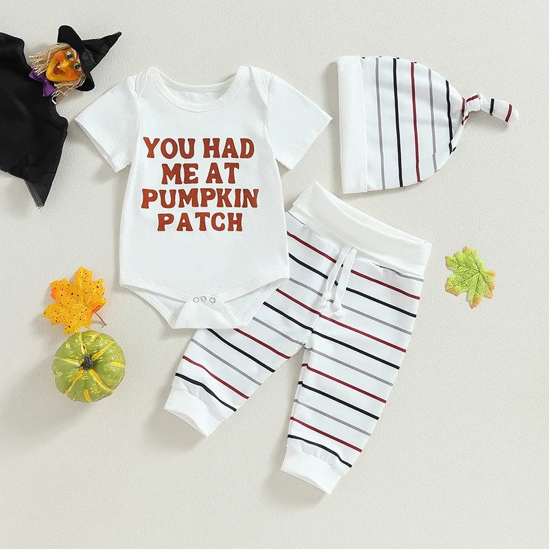 

Infant Boys Halloween Costumes Alphabet Print Short Sleeve Bodysuit Striped Trousers Beanie 3-Piece Outfit Set