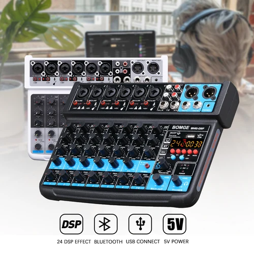 Imagen 2 del producto Consola de sonido DJ Mezclador de audio de 8 canales Mezclador de línea DC 5V con MP3 Bluetooth 48V 24DSP efectos Grabación USB para grabación de estudio
