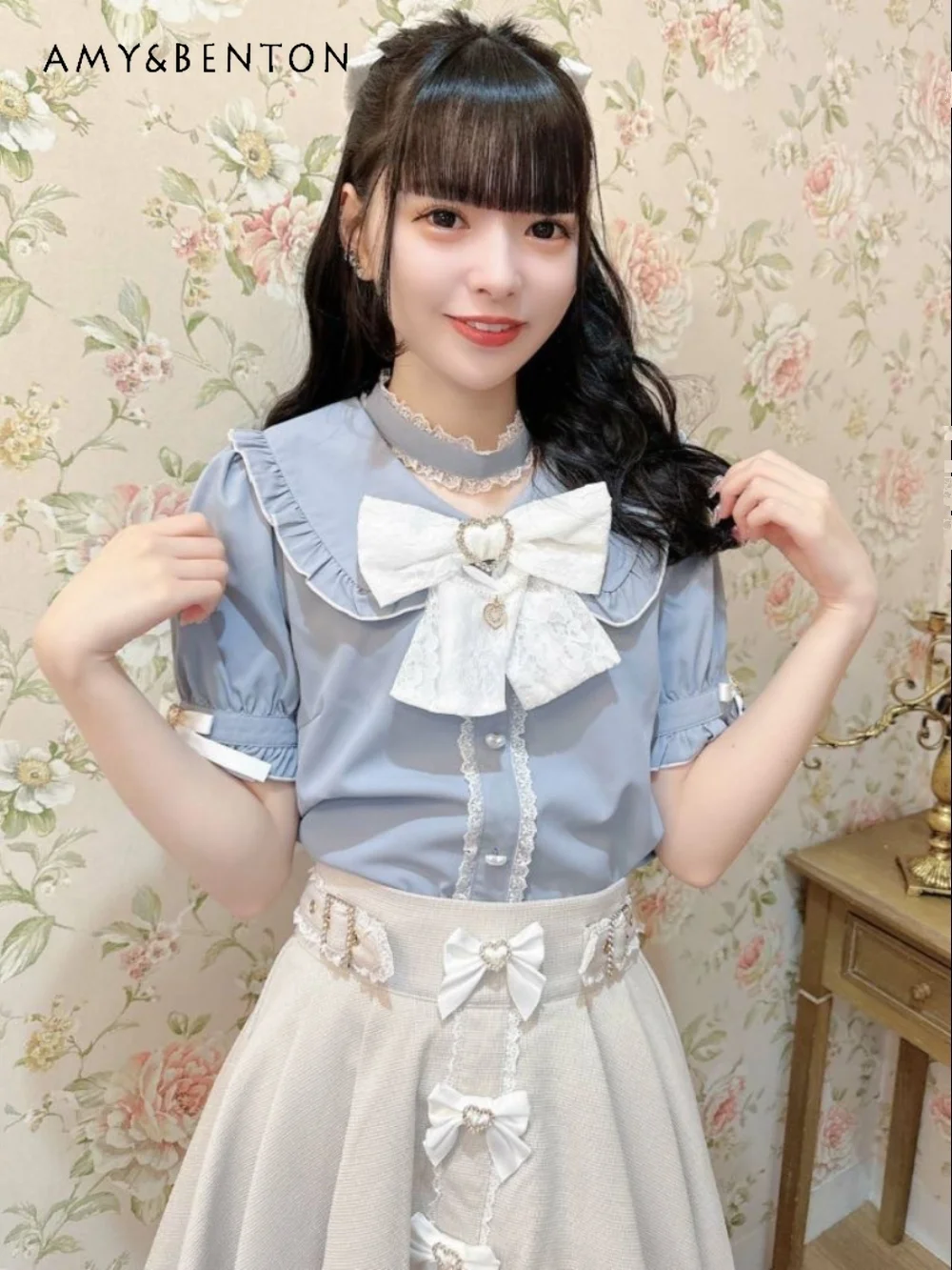 

Mine Mass-Produced Lolita Shirt Women Summer Sweet Doll Collar Big Bow Puff Sleeve Shirts Versatile Slim Temperament Camisas