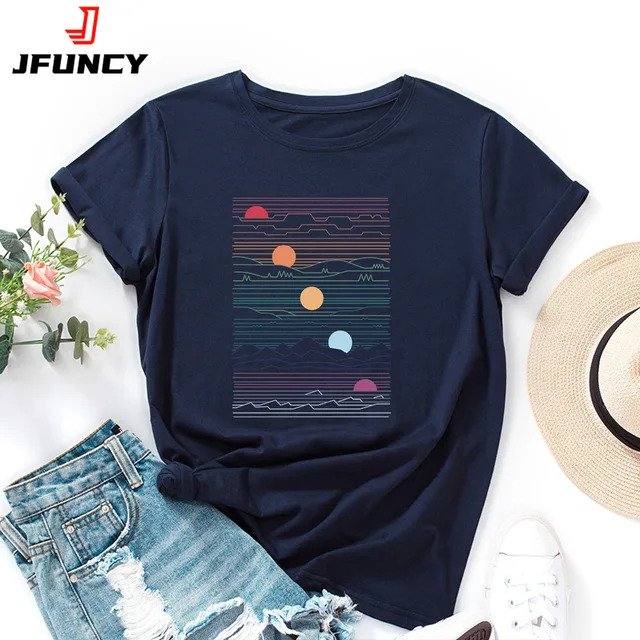 Bluzki damskie z motywem wschodu słońca 2023 100% bawełniane letnie luźny T-Shirt bluzki damskie modne casualowe koszulki Kawaii Mujer