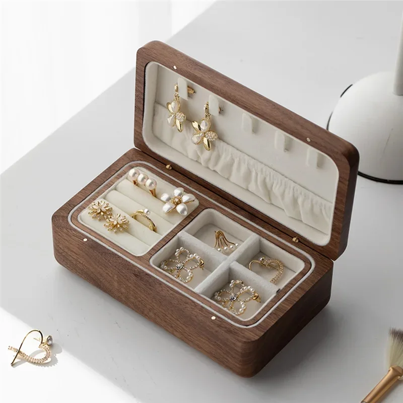 B84B-Double Layer Jewelry Box Wooden Case Necklace Bracelets Earrings Storage Organizer Wedding Gift Walnut Wood Jewelry Box